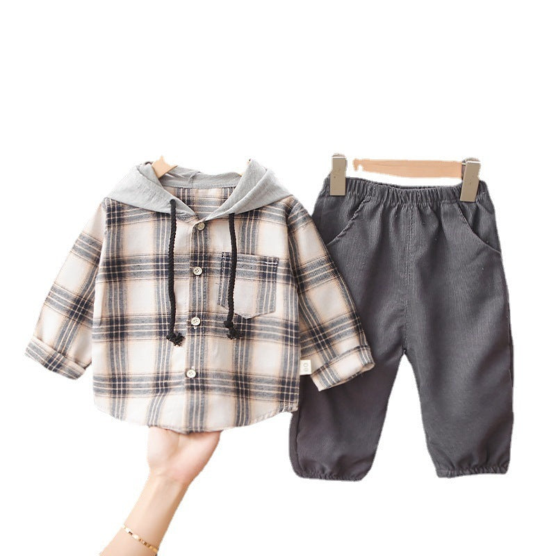 Children's Hooded Plaid Jacket Set Long Sleeve Shirt And Sweatshirt