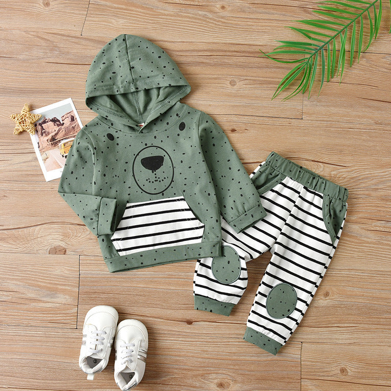 Light Green Hooded Two-Piece Outfit with Bear Face Print | Cotton Shirt and Pants Set