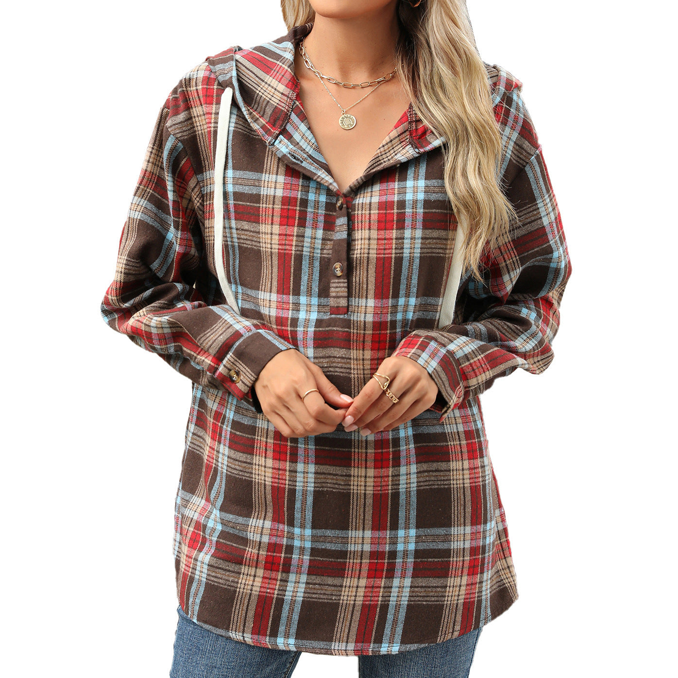 Plaid Print Hooded Sweatshirt coffee-Adventure PNW Clothing LLC