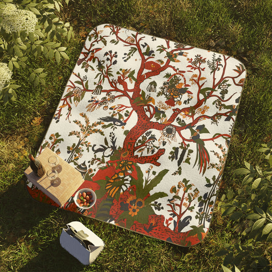 Retro Flower and Bird Tree Picnic Blanket, Outdoor Adventure Nature Lover Travel Hike Mat, Floral Bird Tree Pattern Beach Blanket,