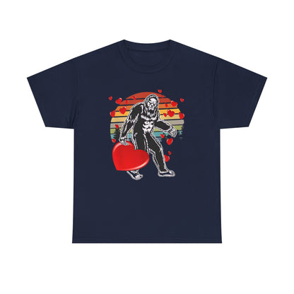 Bigfoot With Heart Unisex Tee, Sasquatch Valentine Gift Shirt, Valentines Day Apparel, Cryptid Lover T-Shirt, Mythical Creature Top