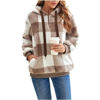 Cozy & Stylish Fashion Plaid Hooded Sweatshirt | Plush Zipper Tops for Women