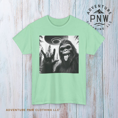 Bigfoot UFO Selfie Unisex Tee, Funny Sasquatch Valentines Day Shirt, Hilarious Outdoor Gift for Him, Her, Rock On T-Shirt, Unisex Heavy