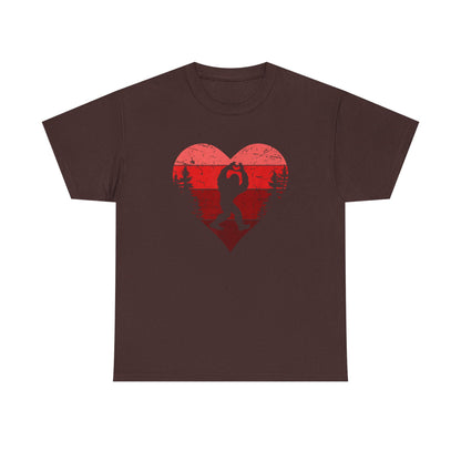 Retro Valentines Day Bigfoot T-Shirt, Sasquatch Love with Heart Hand Gesture, Funny Romantic Gift for Him or Her, Valentines Day Apparel,