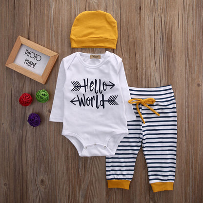 3-Piece Newborn Baby Clothes Set | Long Sleeve Romper, Striped Pants, and Hat