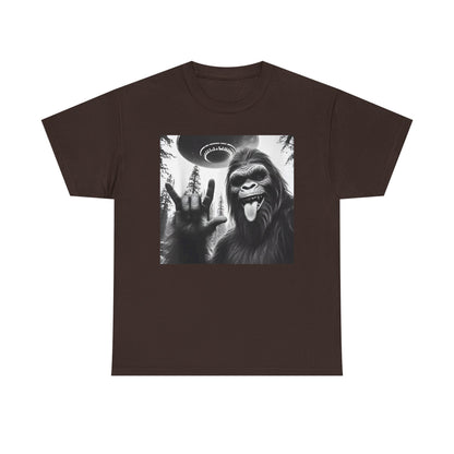 Bigfoot UFO Selfie Unisex Tee, Funny Sasquatch Valentines Day Shirt, Hilarious Outdoor Gift for Him, Her, Rock On T-Shirt, Unisex Heavy