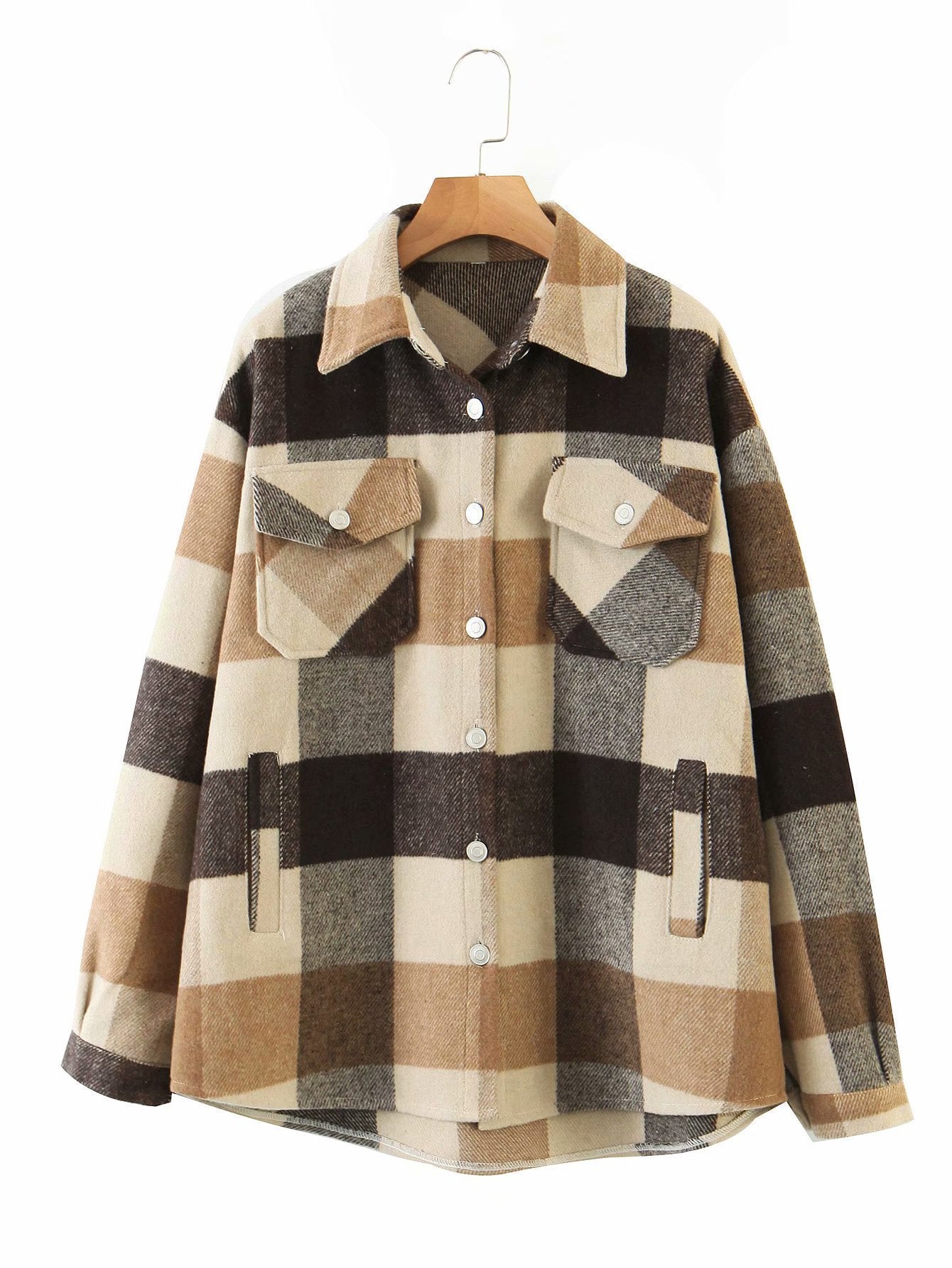 Casual Plaid Shirt Women Tweed Coat Buttons Pockets Female Jacket