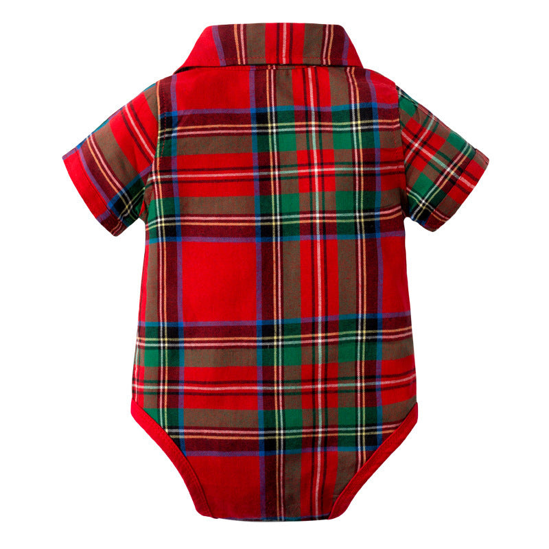 Cross-border European And American Summer Baby Boy Gentleman Suit Suspender Shorts Short-sleeved Plaid One-piece Romper Bow Tie Four-piece Suit