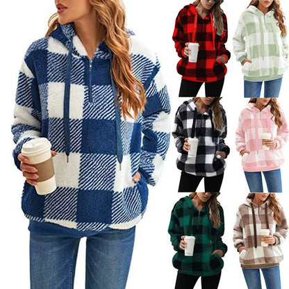 Cozy & Stylish Fashion Plaid Hooded Sweatshirt | Plush Zipper Tops for Women