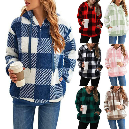 Cozy & Stylish Fashion Plaid Hooded Sweatshirt | Plush Zipper Tops for Women