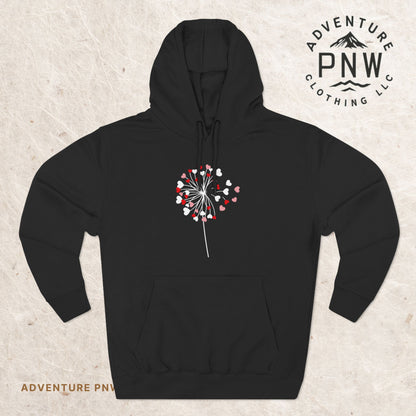 Dandelion Heart Three-Panel Fleece Hoodie, Valentine Wildflower Sweatshirt, Lovers Hoodie Gift, Romantic Dandelion Hoodie, Valentines Day