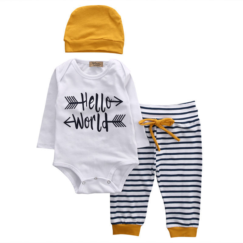 3-Piece Newborn Baby Clothes Set | Long Sleeve Romper, Striped Pants, and Hat