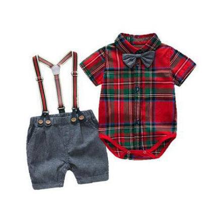 Cross-border European And American Summer Baby Boy Gentleman Suit Suspender Shorts Short-sleeved Plaid One-piece Romper Bow Tie Four-piece Suit