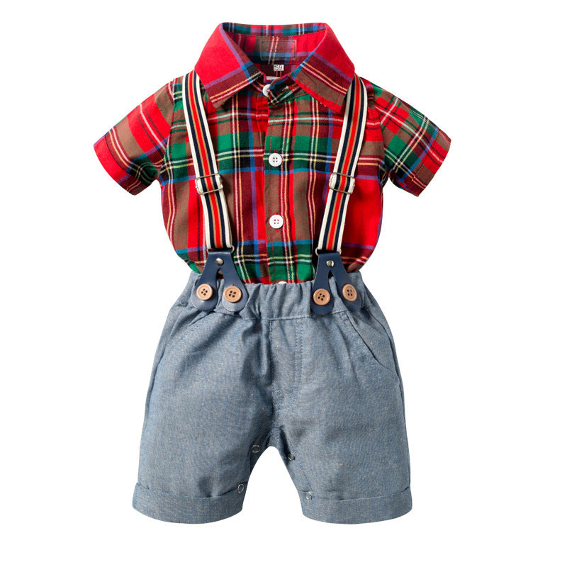 Cross-border European And American Summer Baby Boy Gentleman Suit Suspender Shorts Short-sleeved Plaid One-piece Romper Bow Tie Four-piece Suit