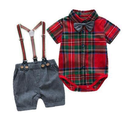 Cross-border European And American Summer Baby Boy Gentleman Suit Suspender Shorts Short-sleeved Plaid One-piece Romper Bow Tie Four-piece Suit