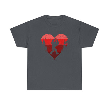 Retro Valentines Day Bigfoot T-Shirt, Sasquatch Love with Heart Hand Gesture, Funny Romantic Gift for Him or Her, Valentines Day Apparel,