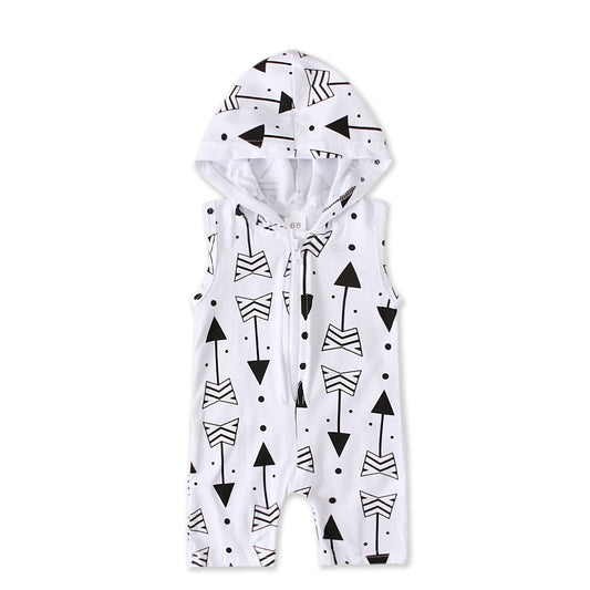 Children's Sleeveless Gray White Arrow Print Hooded Jumpsuit Zipper Romper Children's Clothing