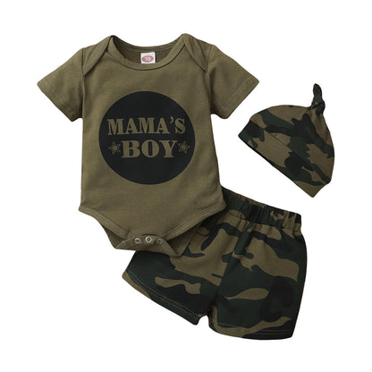 Printed Short Sleeved Camouflage Shorts And Hat Three Piece Set For Boys And Children's Clothing