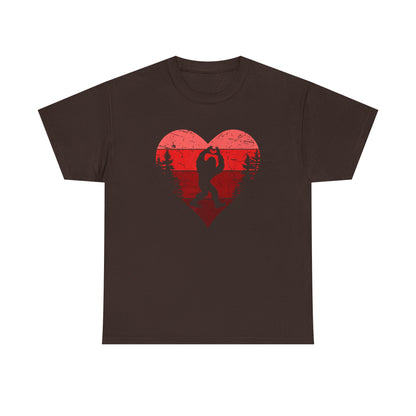 Retro Valentines Day Bigfoot T-Shirt, Sasquatch Love with Heart Hand Gesture, Funny Romantic Gift for Him or Her, Valentines Day Apparel,