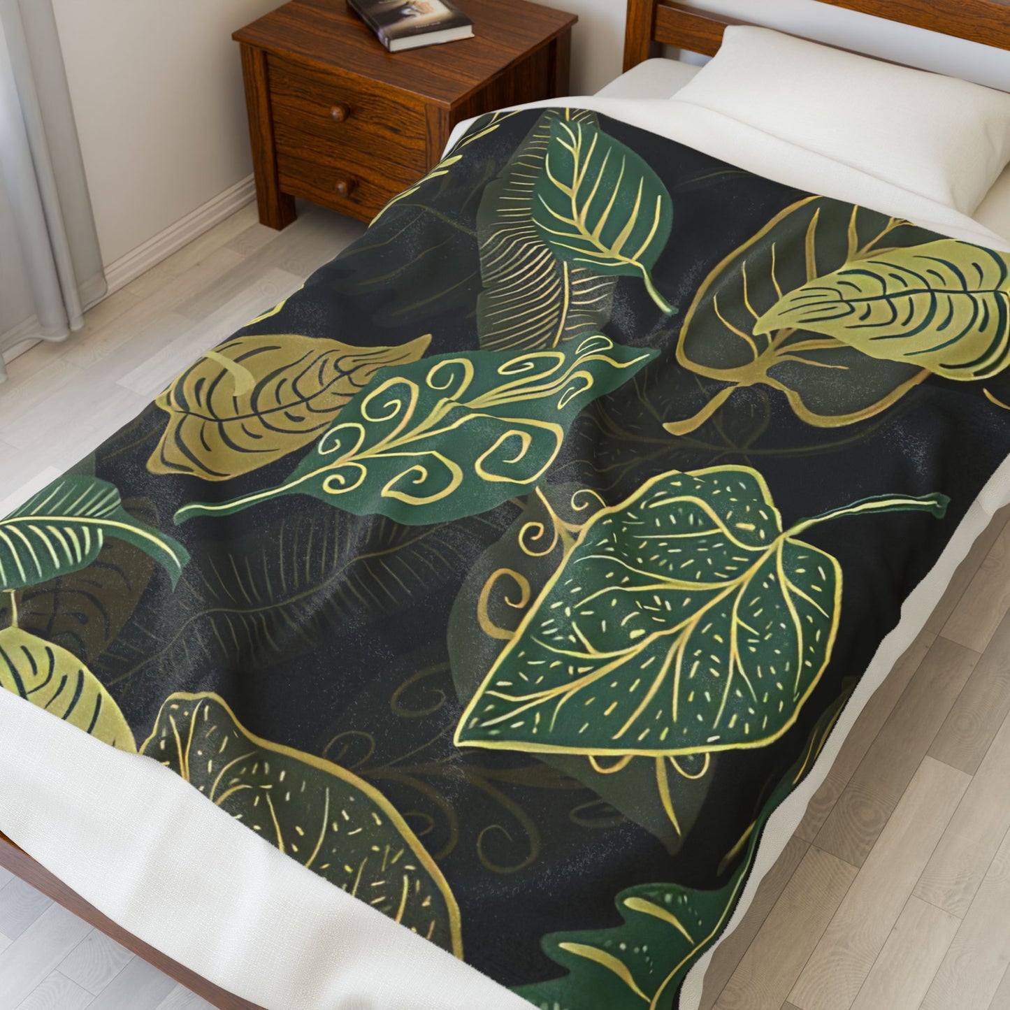 Velveteen Blanket, Unique Nature with Leaves, Plant Lover Gift, Autumn Home Decor, Cozy Plush Throw, Botanical Fleece Bedding