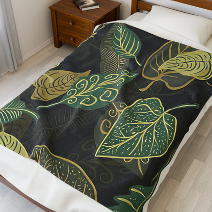 Velveteen Blanket, Unique Nature with Leaves, Plant Lover Gift, Autumn Home Decor, Cozy Plush Throw, Botanical Fleece Bedding