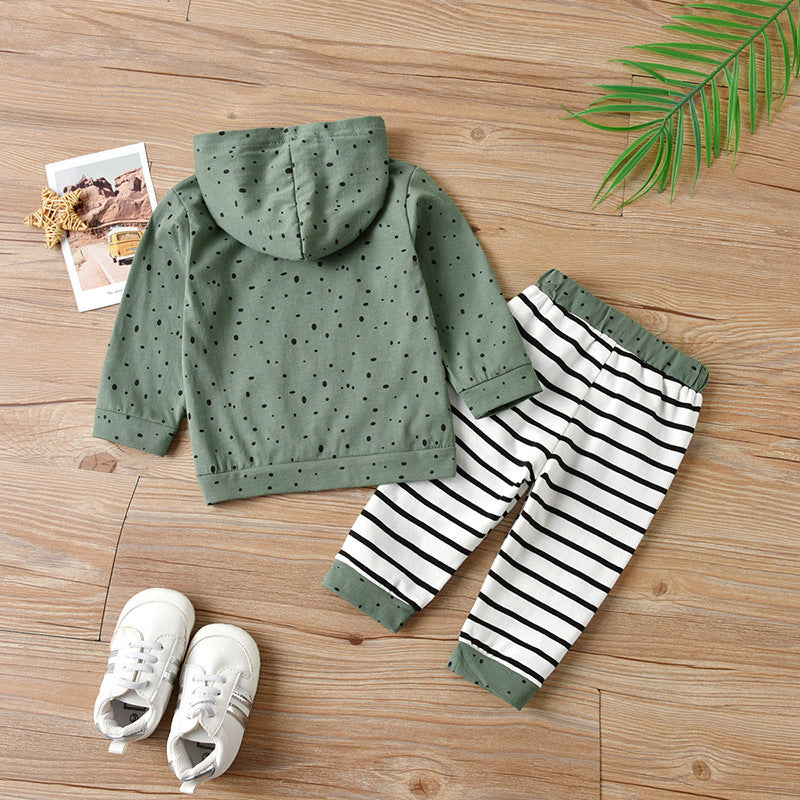 Light Green Hooded Two-Piece Outfit with Bear Face Print | Cotton Shirt and Pants Set