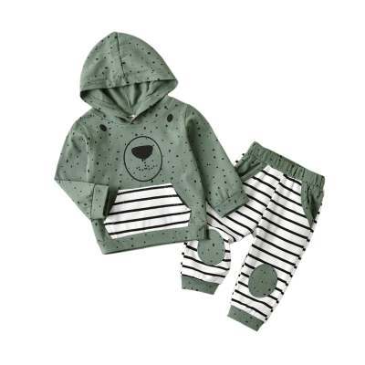 Light Green Hooded Two-Piece Outfit with Bear Face Print | Cotton Shirt and Pants Set