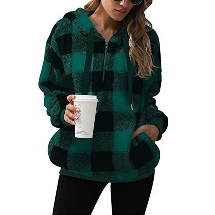 Cozy & Stylish Fashion Plaid Hooded Sweatshirt | Plush Zipper Tops for Women