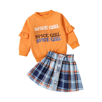 Children's Clothing Thanksgiving Letter Plaid Printed Sweater Dress Two-piece Set