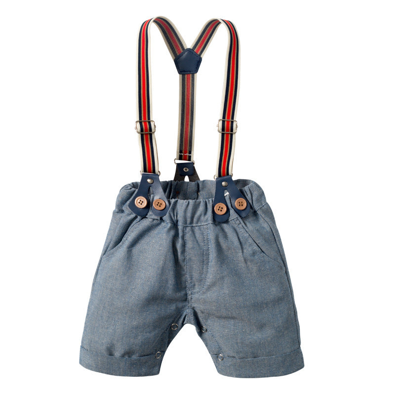 Cross-border European And American Summer Baby Boy Gentleman Suit Suspender Shorts Short-sleeved Plaid One-piece Romper Bow Tie Four-piece Suit