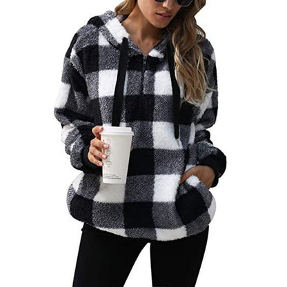 Cozy & Stylish Fashion Plaid Hooded Sweatshirt | Plush Zipper Tops for Women