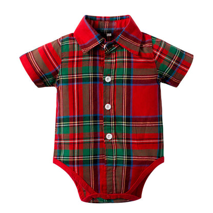 Cross-border European And American Summer Baby Boy Gentleman Suit Suspender Shorts Short-sleeved Plaid One-piece Romper Bow Tie Four-piece Suit