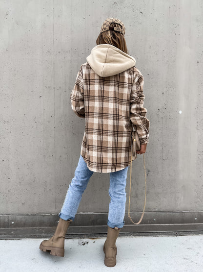 Women's Winter Plaid Woolen Jacket with Detachable Hood and Pockets