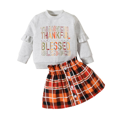 Children's Clothing Thanksgiving Letter Plaid Printed Sweater Dress Two-piece Set