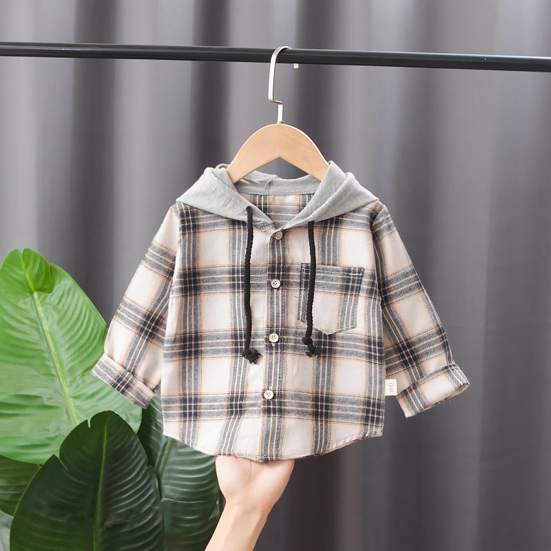 Children's Hooded Plaid Jacket Set Long Sleeve Shirt And Sweatshirt