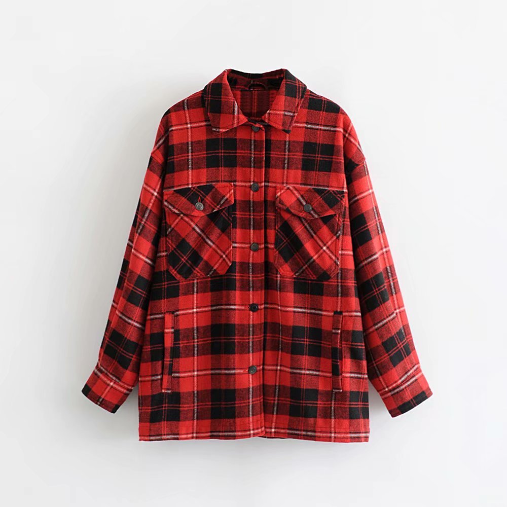 Casual Plaid Shirt Women Tweed Coat Buttons Pockets Female Jacket