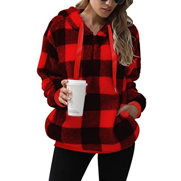 Cozy & Stylish Fashion Plaid Hooded Sweatshirt | Plush Zipper Tops for Women