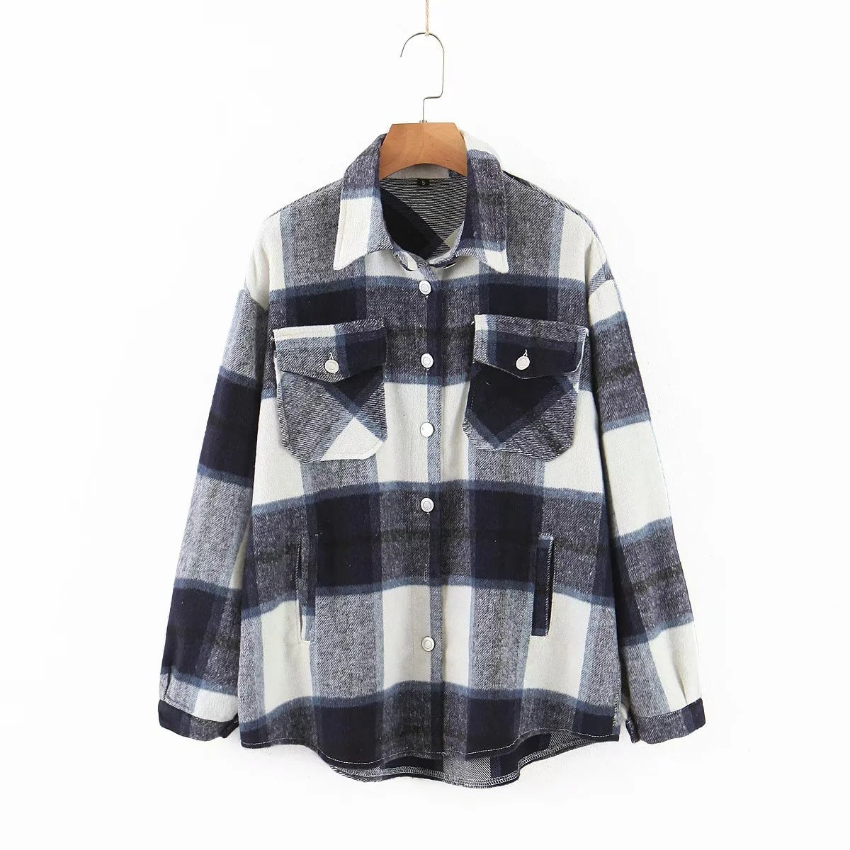 Casual Plaid Shirt Women Tweed Coat Buttons Pockets Female Jacket